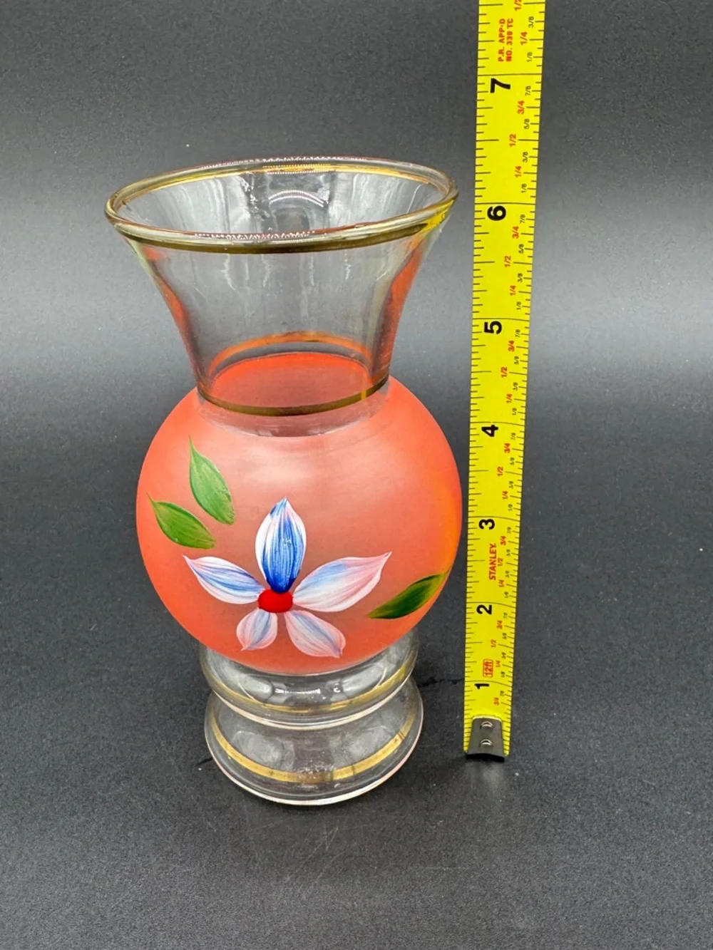 Vintage Bartlett Collins Glass Bud Vase Pink with White Flower and Gold Trim